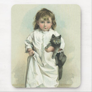 Vintage Victorian Girl in a Nightgown with Her Cat Mouse Mat