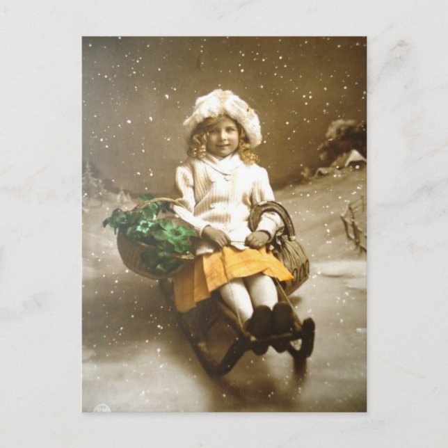Vintage Victorian GIrl On Sled Postcard (Front)
