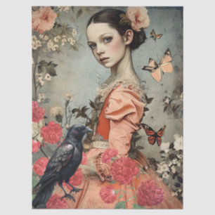 Vintage Victorian Girl Raven & Red Cabbage Roses Tissue Paper