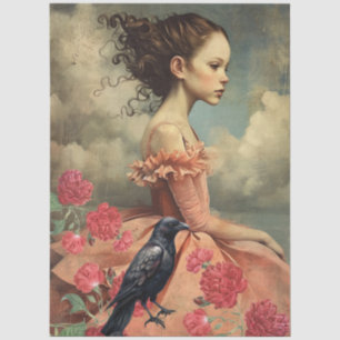 Vintage Victorian Girl Raven & Red Cabbage Roses Tissue Paper