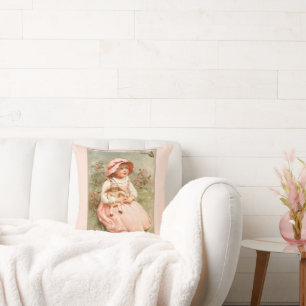 Vintage Victorian Girl with Doll Butterflies Pink Cushion