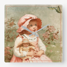 Vintage Victorian Girl with Doll Butterflies Pink
