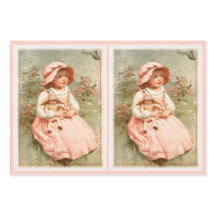 Vintage Victorian Girl with Doll Butterflies Pink