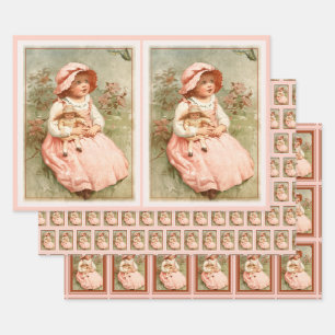 Vintage Victorian Girl with Doll Butterflies Pink Wrapping Paper Sheet