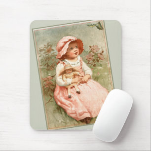 Vintage Victorian Girl with Doll Butterflies Sage Mouse Mat