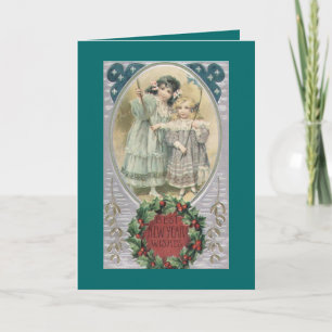 Vintage Victorian Girls New Year Greeting Card