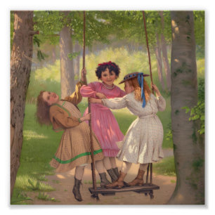 Vintage Victorian Girls on Tree Swing Oil Painting Photo Print