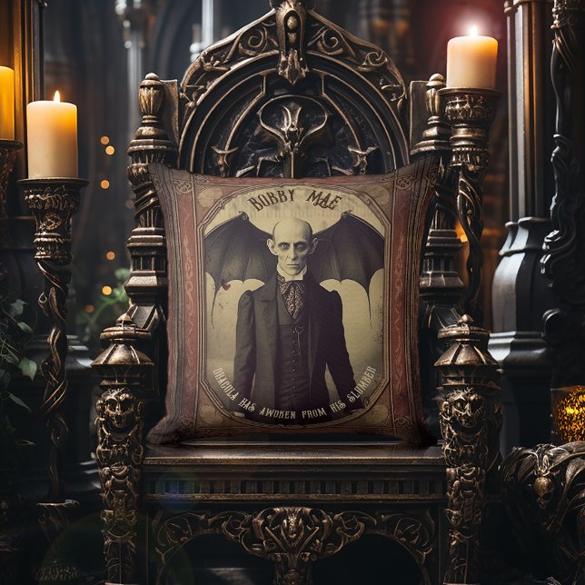 Vintage Victorian Gothic Dracula Vampire Cushion (Vintage Victorian Nosferatu Dracula Portrait Cushion - Victorian Gothic Home Decor.)