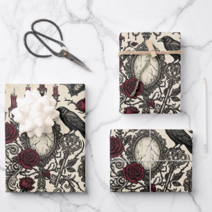 Vintage Victorian Gothic Raven, Red Rose Halloween Wrapping Paper Sheet