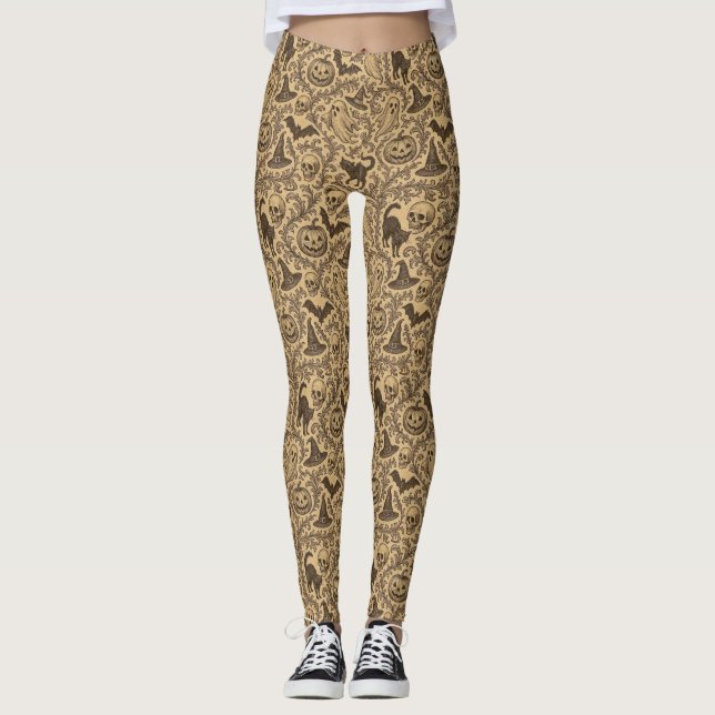 Vintage Victorian Halloween pattern with ghosts  Leggings (Front)