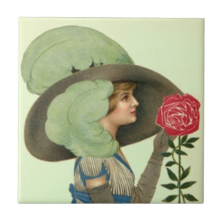 Vintage Victorian Hat Rose Derby Lgt Mint Tile