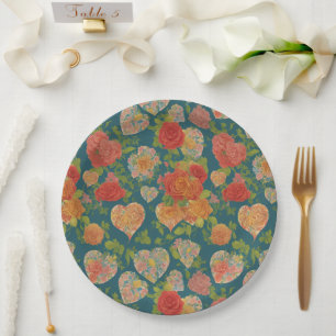 Vintage Victorian Hearts And Roses Hunter Green Paper Plate
