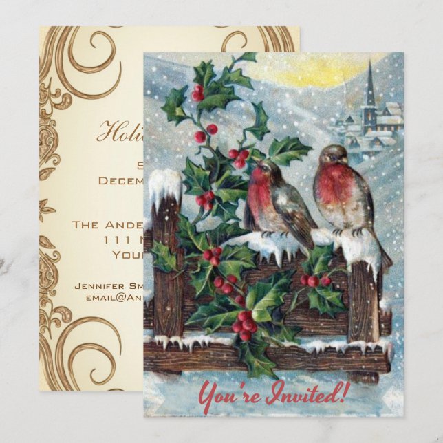 Vintage Victorian Holiday Birds Christmas Party Invitation (Front/Back)