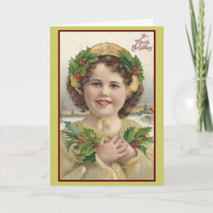 Vintage Victorian Holly Girl Christmas Card