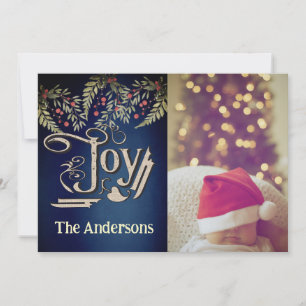 Vintage victorian joy botanical holly photo holiday card