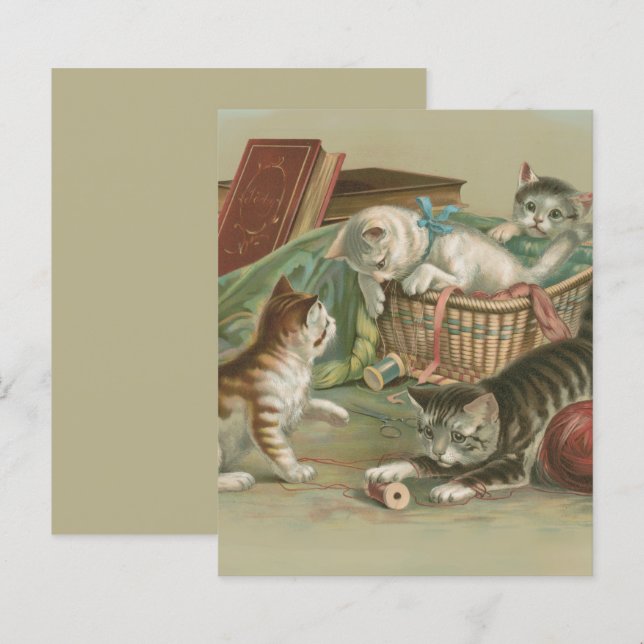 Vintage Victorian Kittens Playing in Sewing Basket (Front/Back)