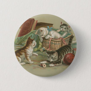 Vintage Victorian Kittens Playing in Sewing Basket 6 Cm Round Badge