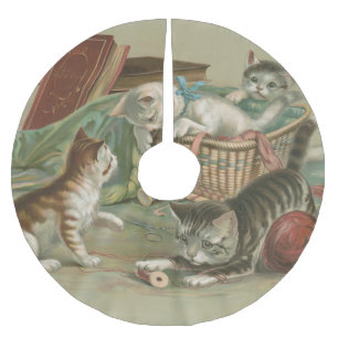 Vintage Victorian Kittens Playing in Sewing Basket Brushed Polyester Tree Skirt