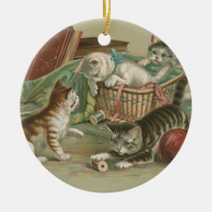 Vintage Victorian Kittens Playing in Sewing Basket Ceramic Tree Decoration