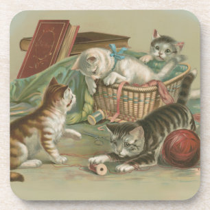 Vintage Victorian Kittens Playing in Sewing Basket Coaster