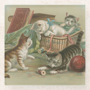 Vintage Victorian Kittens Playing in Sewing Basket Glass Coaster