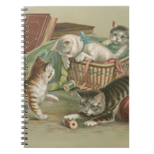 Vintage Victorian Kittens Playing in Sewing Basket Notebook
