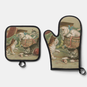 Vintage Victorian Kittens Playing in Sewing Basket Oven Mitt & Pot Holder Set