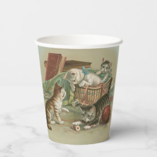 Vintage Victorian Kittens Playing in Sewing Basket Paper Cups