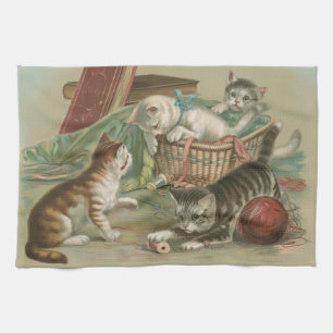 Vintage Victorian Kittens Playing in Sewing Basket Tea Towel
