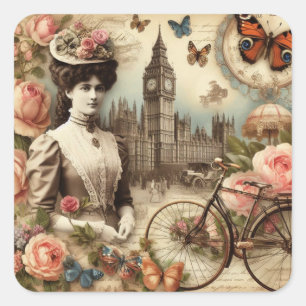 Vintage Victorian Lady and Bicycle Collage  Square Sticker