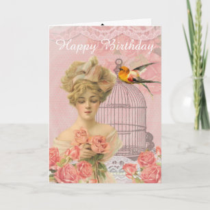 Vintage Victorian Lady, and Birdcage. Birthday. Card
