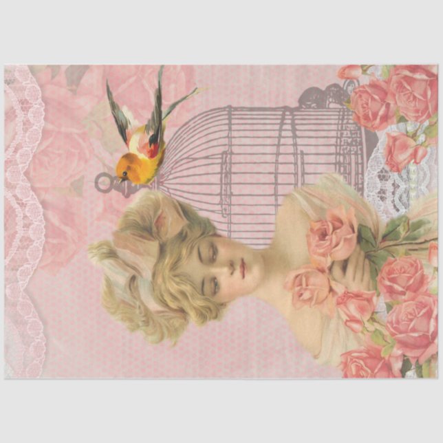 Vintage Victorian Lady and Birdcage. Tissue Paper (Front)