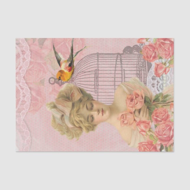 Vintage Victorian Lady and Birdcage. Tissue Paper (Front)