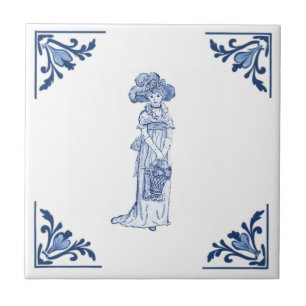 Vintage Victorian Lady Delft Corner Blue and White Tile