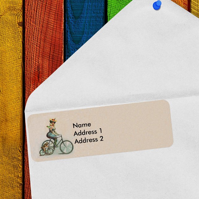 Vintage Victorian Lady Dog Bicycle (Return address label with Victorian lady and bulldog riding their bicycles on tan background.)