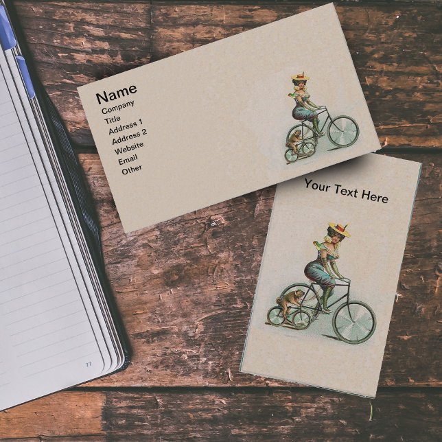 Vintage Victorian Lady Dog Bicycle Business Card (Victorian lady riding bicycle beside bulldog on bike on tan business cards.)