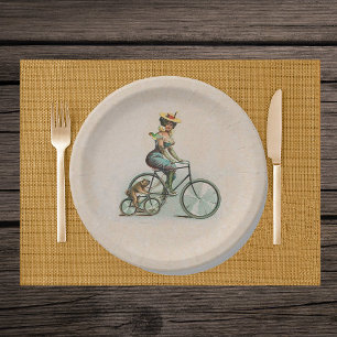 Vintage Victorian Lady Dog Bicycle Paper Plate