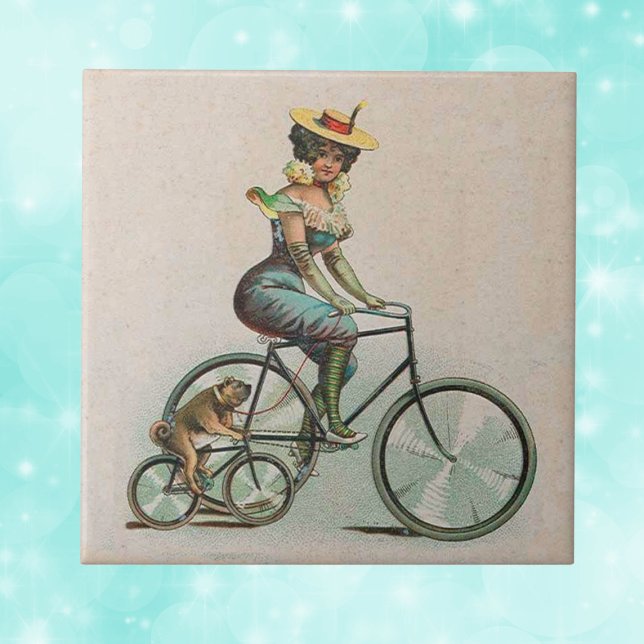Vintage Victorian Lady Dog Bicycle Tile (Victorian lady in aqua blue riding bike beside her bulldog on bicycle on tan decorative tile.)