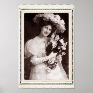 Vintage Victorian Lady Holding Bunch of Flowers Poster