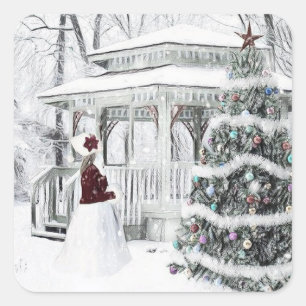 Vintage Victorian lady in winter park drawing  Square Sticker