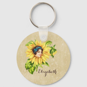 Vintage Victorian Lady Summer Sunflower With Name Key Ring