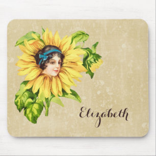 Vintage Victorian Lady Summer Sunflower With Name Mouse Mat