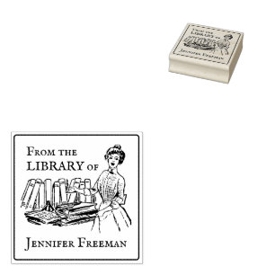Vintage Victorian Lady with Books Ex Libris Rubber Stamp