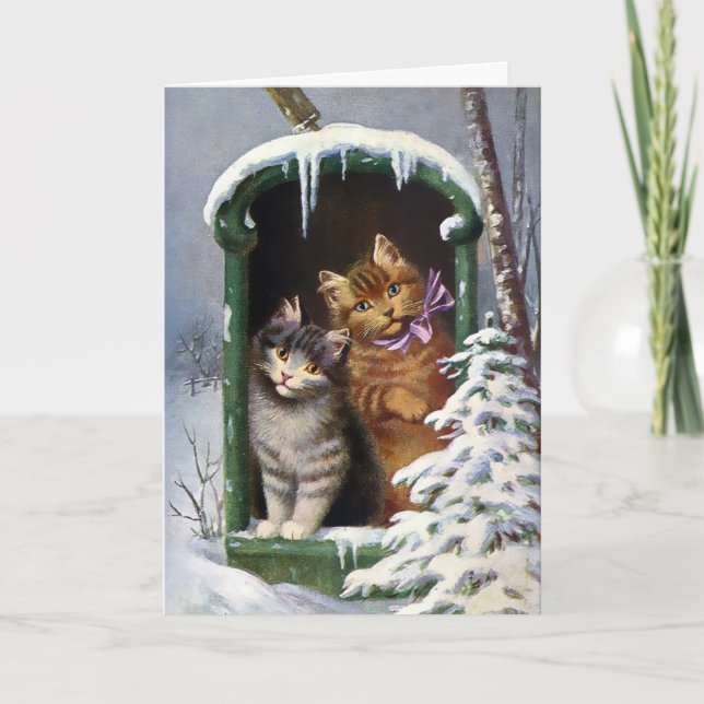 Vintage Victorian Mailbox Cats Christmas Card (Front)