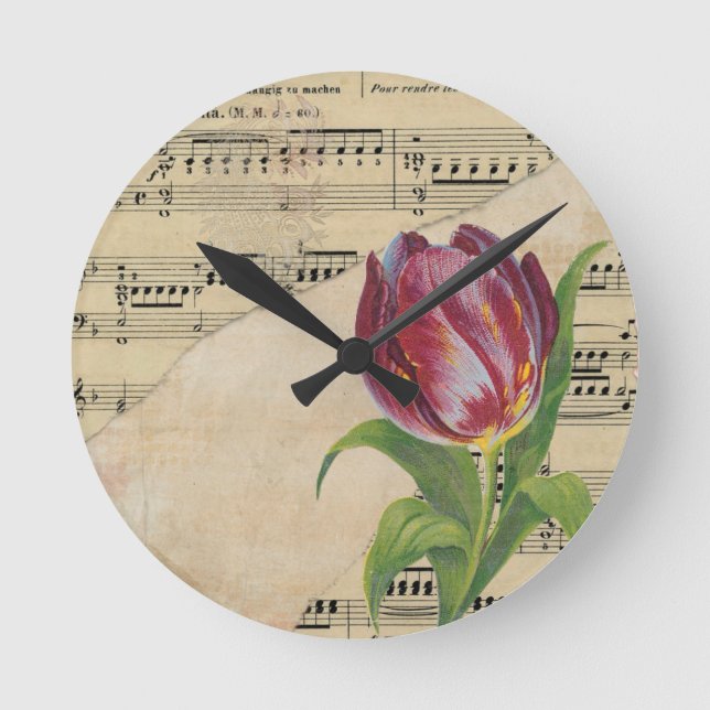 Vintage Victorian Music Romance Tulips Round Clock (Front)