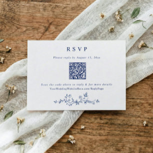 Vintage Victorian Navy Blue Wedding QR Code RSVP Card