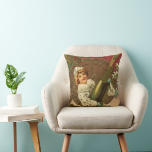 Vintage Victorian New Years Eve Champagne Angel Cushion