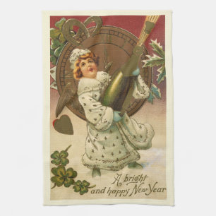 Vintage Victorian New Years Eve Champagne Angel Tea Towel