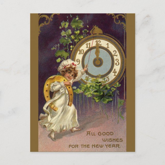 Vintage Victorian New Years Eve, Clock at Midnight Holiday Postcard (Front)