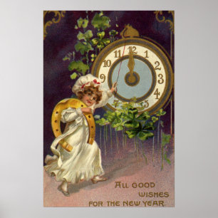 Vintage Victorian New Years Eve, Clock at Midnight Poster